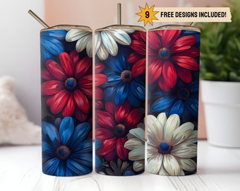 Può includere: Tre bicchieri in acciaio inossidabile con un design floreale. I bicchieri presentano fiori rossi, bianchi e blu su uno sfondo nero. I bicchieri hanno una capacità di 20 once ciascuno.