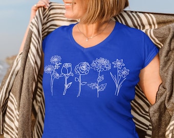 Grandma's Birth Flower V-Neck Shirt: Personalized Keepsake - Bella+Canvas Soft Tee