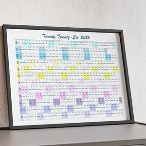 Colorful 2026 Unique Calendar Poster with Wooden Frame, Home office decor, Gift for 2026 New Year