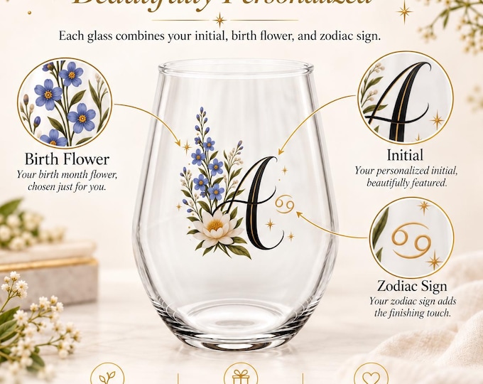 Personalized Birth Flower & Zodiac Wine Glass with Initial | Gift for All Occasions