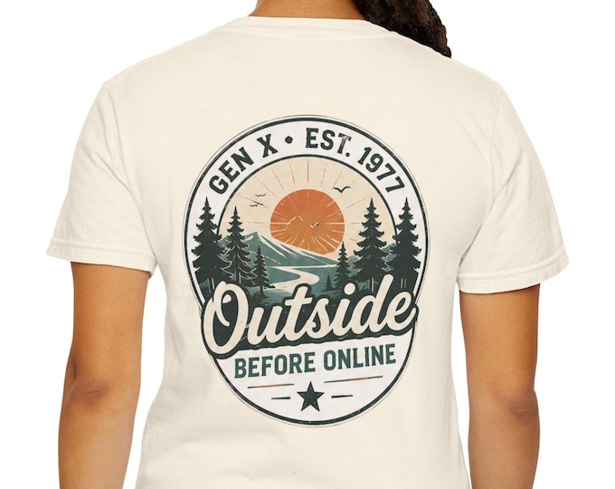 Gen X 1977 Outside Before Online Tee, Comfort Colors 1717, Retro Mountain Sunset Design, Women Turning 50