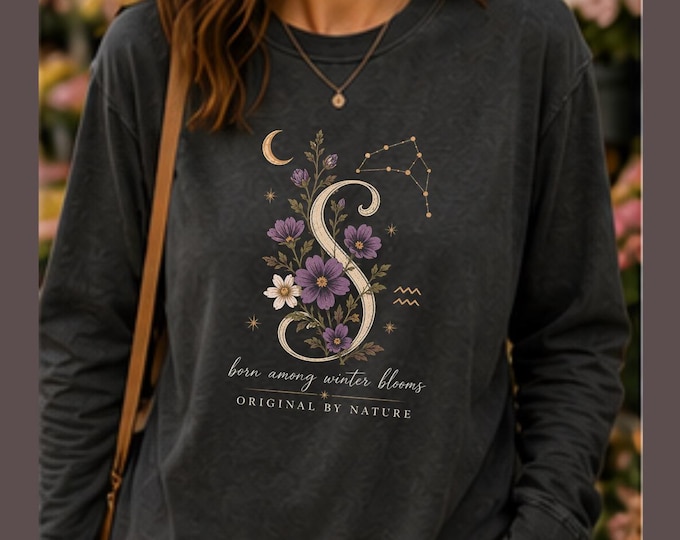 Birth Flowers Zodiac Constellation Comfort Colors Long Sleeve Shirt, Personalized Initial Tee, Milestone Birthday Gift