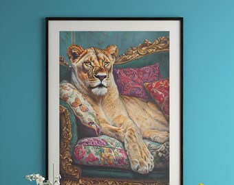 Lioness Art Print: Exotic Animal on Floral Couch (Digital Download)