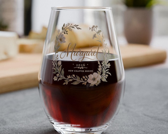 Elegant Gold Script Wine Glass - Custom Name & Year with Delicate Wildflower Design