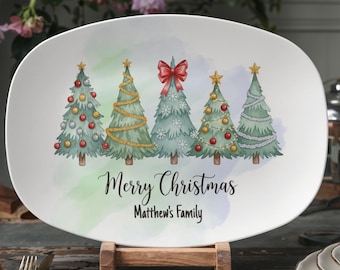 Customized Watercolor Christmas Tree Platter, Family name Holiday Plate