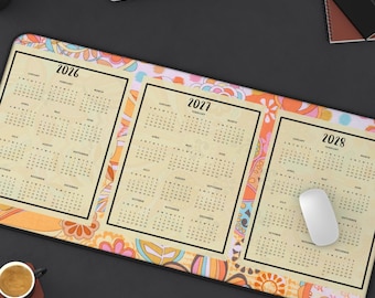 Retro Colorful Calendar Desk Mat 2026-2028: Feminine Home Office Decor