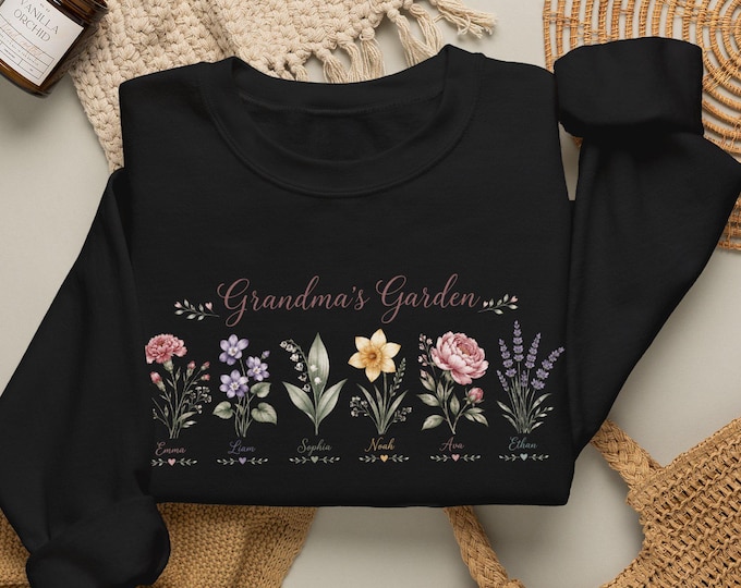 Personalized Grandma Birth Flower Crewneck, Custom Grandkids Names Gift, Nana Mimi Gigi Sweatshirt