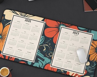 Retro Floral Desk Mat: 70's Style Calendar, Orange & Blue