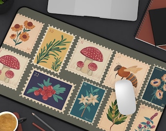 Cottagecore Stamp Designed Desk Mat: Botanical Neoprene Keyboard Pad