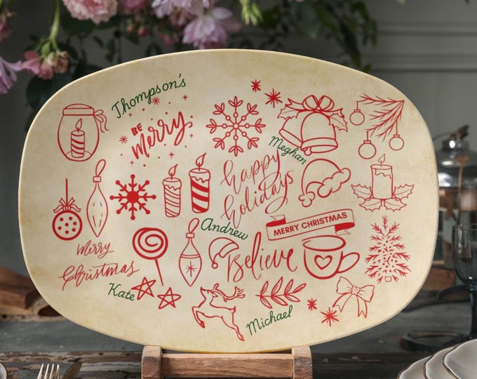 Featured listing image: Personalized Doodle Christmas Platter, Family Names Holiday Fun Plate