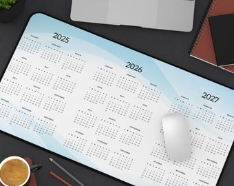 3-Year Calendar Desk Mat: Blue and White 2025-2027 Keyboard pad