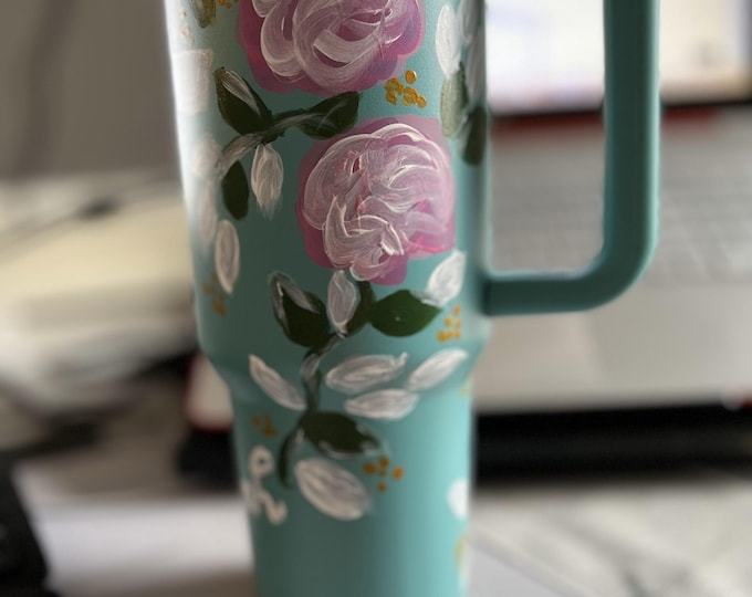 Hand Painted Floral 40oz Tumbler, Personalized Stainless Steel Cup with Handle