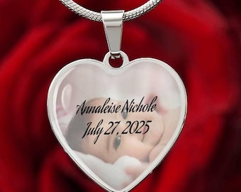 Personalized Photo Heart Necklace: New Grandmother Gift, Custom Engraved