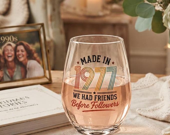50th Birthday Wine Glass for Women, 1977 Birthday Gift for Her, Turning 50 in 2027, Gen X Stemless