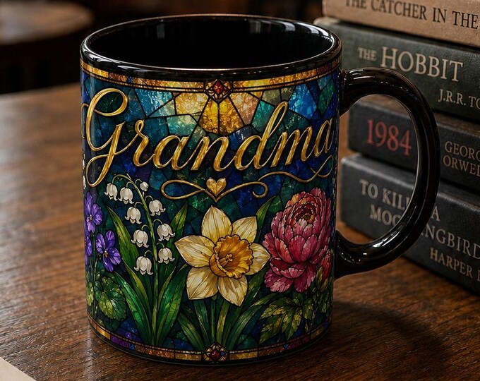 Grandma Stained Glass Floral Mug, Jewel Tone Coffee Cup