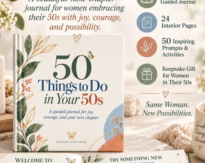 50 Things to Do in Your 50s Hardcover Journal, 50th Birthday Gift for Women, Guided Bucket List Book, Gen X Gift, Midlife Keepsake (8x8in)