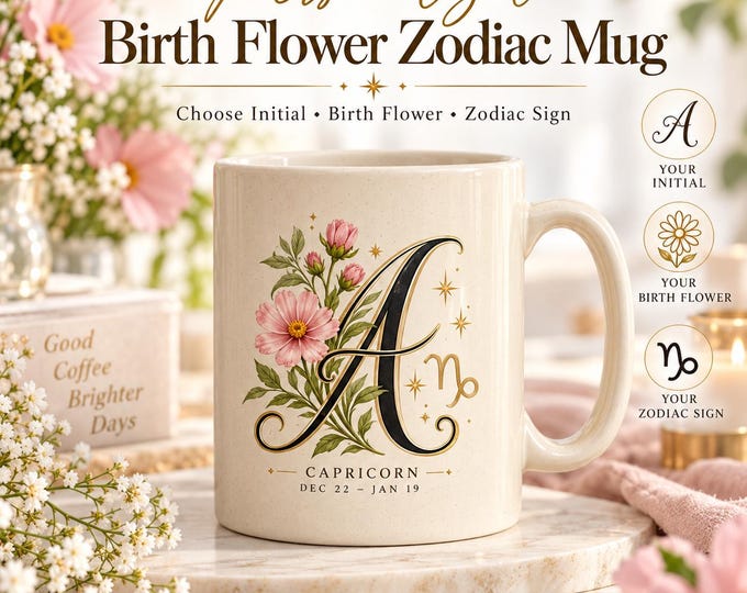 Personalized Birth Flower Zodiac Mug, Initial Coffee Mug, Astrology Gift for Her, Birth Month Flower Mug, Custom Monogram Zodiac Gift