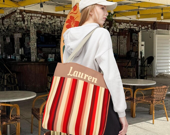 Personalized Striped Canvas Tote Bag, Large Customizable Carryall Shoulder Bag