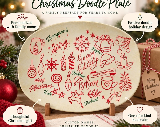 Personalized Doodle Christmas Platter with Family Names, Custom Christmas Plate, Holiday Serving Platter, Family Keepsake Gift for Grandma