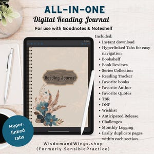 Peut inclure: Un journal de lecture numérique sur une tablette, avec une couverture beige et des motifs floraux. L'écran affiche des fonctionnalités telles que le téléchargement instantané et des onglets hyperliés. Le texte "ALL-IN-ONE Digital Reading Journal" est en haut.