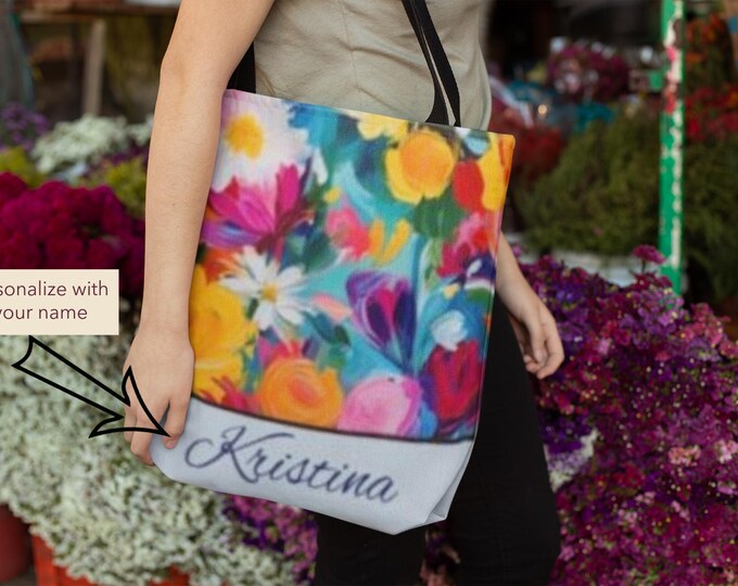 Personalized Floral Art Canvas Tote: Colorful Abstract Flower Shoulder Bag