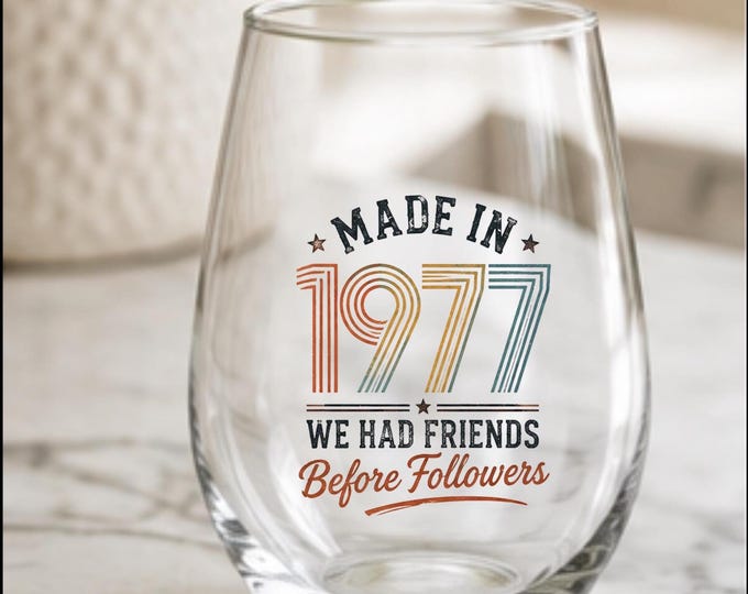50th Birthday Wine Glass for Women, 1977 Birthday Gift for Her, Turning 50 in 2027, Gen X Stemless