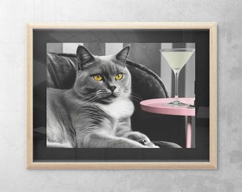 Gray Cat Martini Art Print: Whimsical Cat Lover Gift (Digital Download)