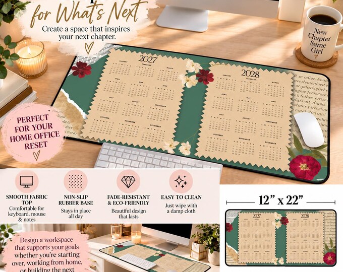 Floral Desk Mat 2027 2028 Calendar, Large Desk Pad, Home Office Decor for Women, Vintage Botanical Desk Mat, Work From Home Gift
