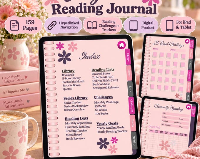 Digital Reading Journal PDF, Hyperlinked Book Tracker for iPad, Pink Retro Floral Reading Planner, Book Review Journal, Book Lovers Gift