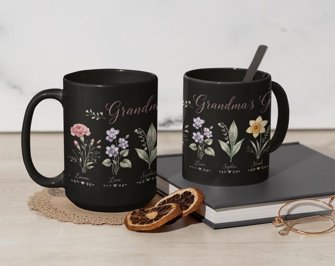 Grandmas Garden Mug Personalized Grandkids Names, Birth Flower Coffee Cup, Custom Grandma Gift