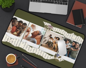 Custom Photo Collage Desk Mat: Polaroid Frame, Botanical Design