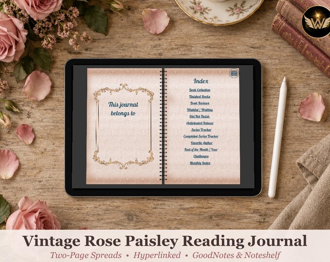 Vintage Rose Digital Reading Journal, Pink Paisley GoodNotes Book Tracker, Hyperlinked Two Page Spread Reading Log