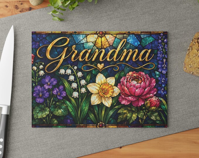 Grandma floral stained glass design Glass Cutting Board | daffodil, peony, lily of the valley