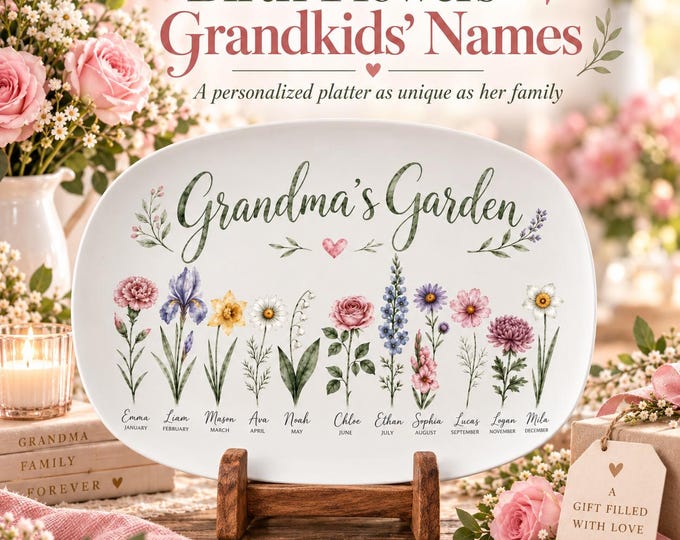 Grandma’s Garden Birth Flower Platter, Personalized Gift for Grandma, Grandkids Names Serving Platter, Custom Family Keepsake, Nana Gift
