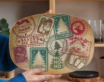 Antique Stamps Christmas Platter, Rustic Holiday Plate