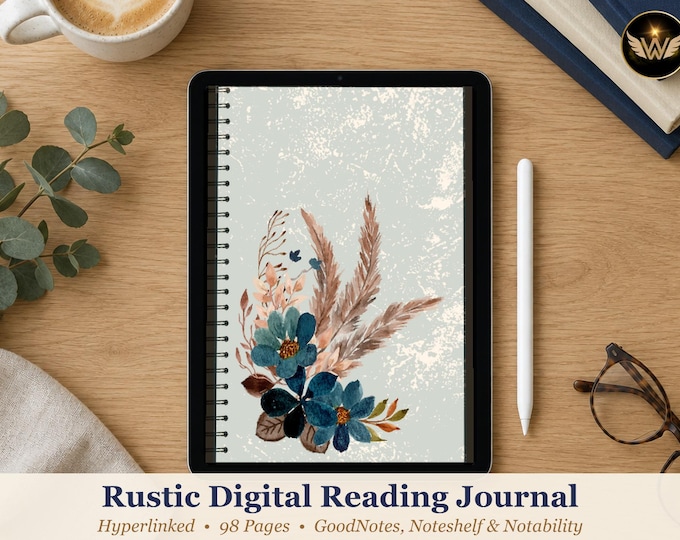 Rustic Digital Reading Journal, Hyperlinked GoodNotes Book Tracker with Monthly Tabs, Boho Floral Reading Log
