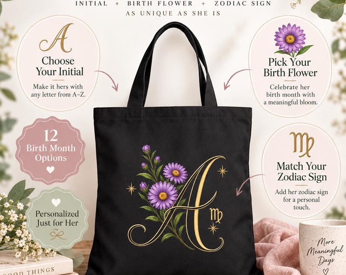 Personalized Birth Month Flower & Zodiac Canvas Tote Bag