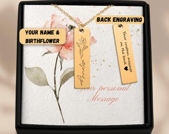 Custom Name & Birthflower Necklace with Rectangle pendant - Gift for special woman, Personalized jewelry