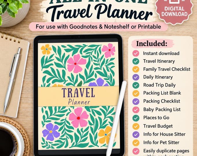 Digital Travel Planner Printable, Vacation Planner, Road Trip Organizer, Travel Itinerary, Packing Checklist, GoodNotes PDF
