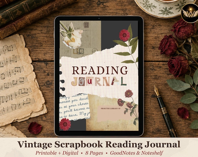 Vintage Scrapbook Reading Journal Printable, Junk Journal Style Book Tracker, Dark Academia Reading Log PDF
