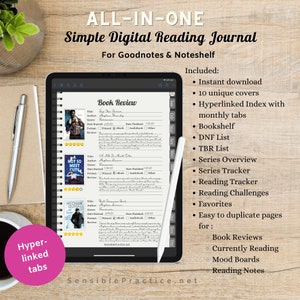 Könnte beinhalten: Ein digitales Lesetagebuch für Goodnotes und Noteshelf, mit einem digitalen Tablet, das eine Buchrezensionsvorlage und eine Liste von Funktionen zeigt, darunter sofortiger Download, 10 einzigartige Cover, hyperverlinkter Index mit monatlichen Registerkarten, Bücherregal, DNF-Liste, TBR-Liste, Serienübersicht, Serien-Tracker, Lese-Tracker, Lesechallenges, Favoriten und einfach zu duplizierende Seiten für Buchrezensionen, aktuelle Lektüre, Moodboards und Lesenotizen.