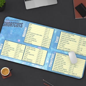 May include: A rectangular mouse mat with a blue and white design, displaying keyboard shortcuts for Word, Excel, and PowerPoint. The text "KEYBOARD SHORTCUTS" is at the top. A white mouse and a coffee cup are also visible.