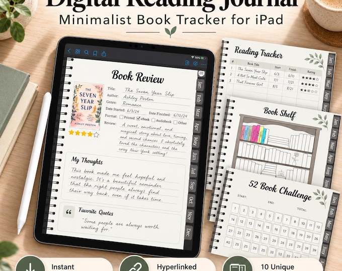 Digital Reading Journal Book Tracker Bundle for iPad, Goodnotes Reading Planner, Book Review Journal, Reading Log, Digital Bookshelf PDF