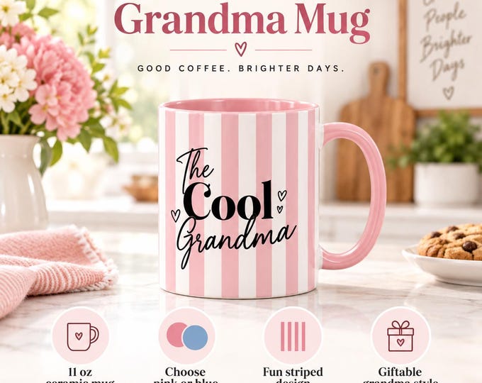 Cool Grandma Mug, Grandma Coffee Mug, Gift for Grandma, Pink or Blue Striped Mug, New Grandma Gift, Fun Grandma Cup, Modern Grandma Gift