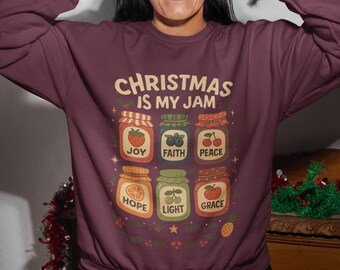 Christmas Is My Jam Sweatshirt, Burgandy Gildan 18000 Women's Holiday pullover