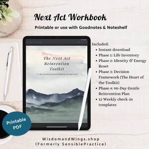 May include: A digital workbook titled "Next Act Workbook" displayed on a tablet with a stylus. The cover features watercolor mountain art and the text "The Next Act Reinvention Toolkit." Includes a PDF download with life inventory, energy reset, decision framework, and a 90-day plan.