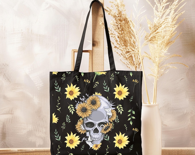 Gothic Sunflower Skull Tote Bag | Floral Tote Bag (Black Background)