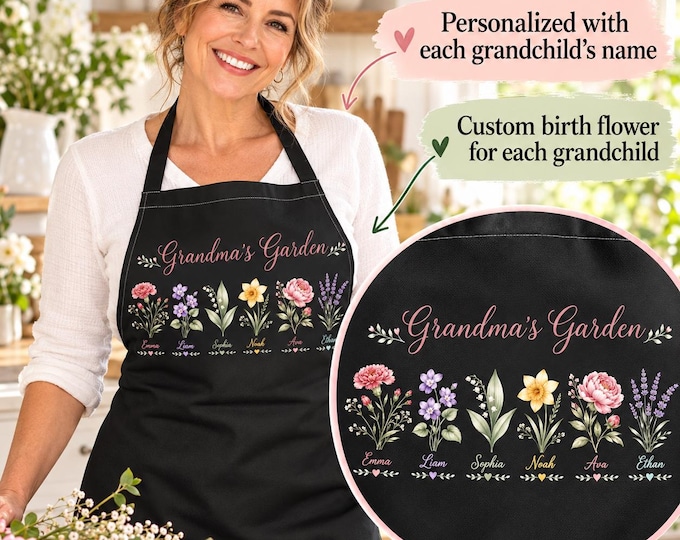 Grandmas Garden Apron Personalized Grandkids Names, Birth Flower Kitchen Apron, Custom Grandma Gift