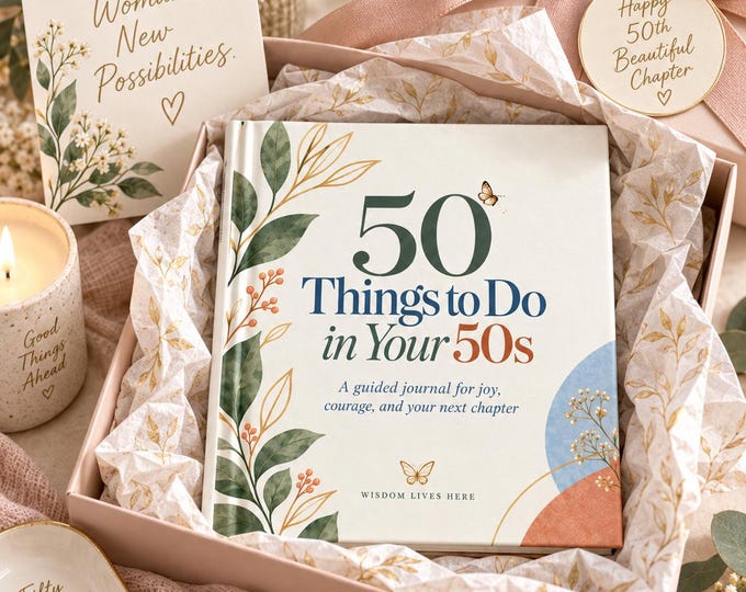 50 Things to Do in Your 50s Hardcover Journal, 50th Birthday Gift for Women, Guided Bucket List Book, Gen X Gift, Midlife Keepsake
