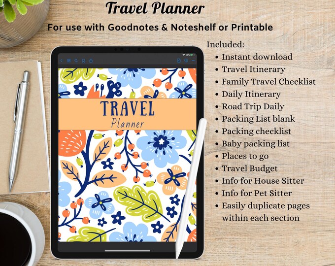 Digital Colorful Travel Planner, Downloadable, Printable, Goodnotes vacation planner, Noteshelf Destination Journal